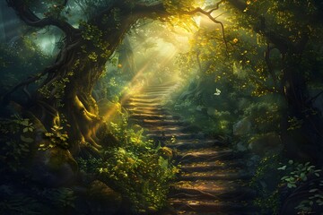 Obraz premium Enchanted Ancient Forest Path Bathed in Golden Sunlight Leading to a Hidden Grove