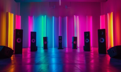 Professional audio system with high-quality speakers flooded with neon lighting