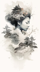 Asian woman in kimono double exposure with nature