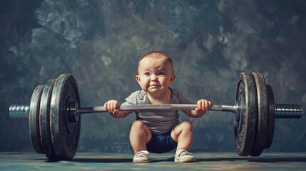 Humorous image of a baby with exaggerated strength lifting a barbell on a dark backdrop