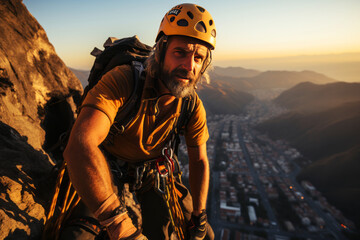 Obraz premium Adventurous climber at sunset overlooking a city from a high vantage point