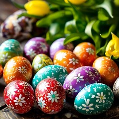 Fototapeta na wymiar Easter eggs in a basket nature image holiday happy background of eggs illustration design Ai Generative.