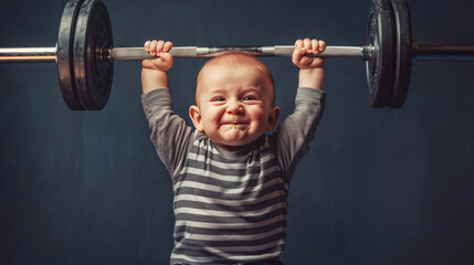 Cheerful baby pretending to lift weights, showcasing humor and strength on a dark background - obrazy, fototapety, plakaty