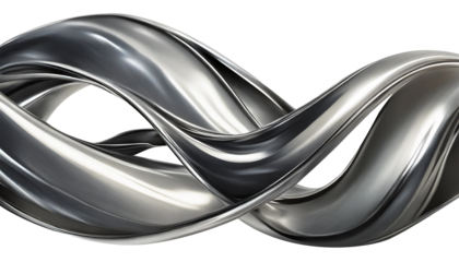 Abstract fluid metal bent form. Metallic shiny curved wave in motion. Cut out design element steel texture effect.