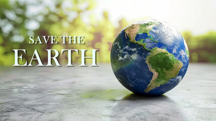 Save the Earth message with realistic 3D globe emphasizing South America and lush greenery in the backdrop