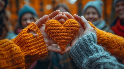 Young and mature people doing Heart Shape hand gestures showing love and support to one another. Banner showing young and mature people doing heart shape hand gestures for one another. - obrazy, fototapety, plakaty