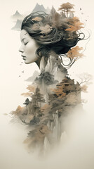 Asian woman in kimono double exposure with nature