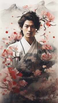 Asian male warrior, double exposure 