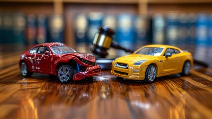 Fototapeta na wymiar In the courtroom, there is a broken auto laying on the table. A gavel and two small toy car models rest on the desk. The lawyer is discussing lawyer services, civil court trials, vehicle accidents,
