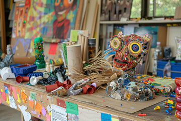 Fototapeta premium A school project with students making art from recycled materials