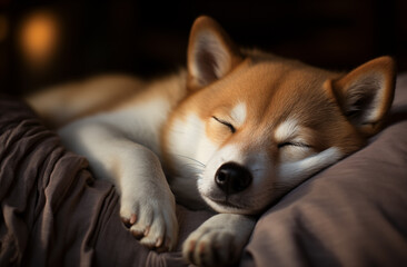 A cute, young, fluffy, red dog sleeping on a gray sofa and stares intently at the camera. Close-up. Trust, calmness, care, friendship, the concept of love.