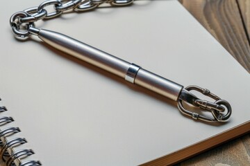 A silver pen with a chain attached to it is sitting on a white page of a notebook - Powered by Adobe