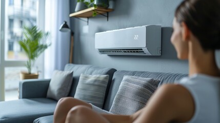 The husband and wife of a young family use a convenient air conditioning system in their living room to create a pleasant environment. They set the temperature to a comfortable level on the - obrazy, fototapety, plakaty