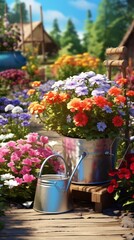 Beautiful colorful variety of spring and summer flowers in pots and a watering can on the patio