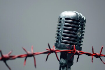 A microphone is stuck in a barbed wire fence. Concept of danger and confinement