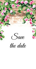 Climbing roses on a brick wall background, save the date card with copy space, Hand drawn watercolor illustration  - 755016365