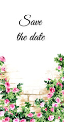 Climbing roses on a brick wall background, save the date card with copy space. Hand drawn watercolor illustration  - 755016381