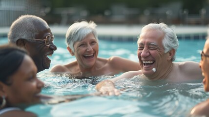 Fototapeta premium Diverse Seniors Laughing in Swimming Pool Promoting Active Aging and Social Wellness