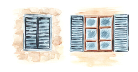 Fragment of a rural house with an open and closed window set. Hand drawn watercolor illustration isolated on white background