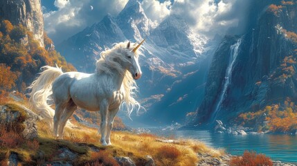 Majestic Unicorn in Autumnal Mountain Landscape by Lake - obrazy, fototapety, plakaty