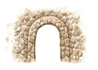 Fototapeta premium Old stone arch. Hand drawn watercolor illustration isolated on white background