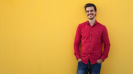 Fototapeta na wymiar man stand and smile with yellow wall red shirt, with jeans professional photography