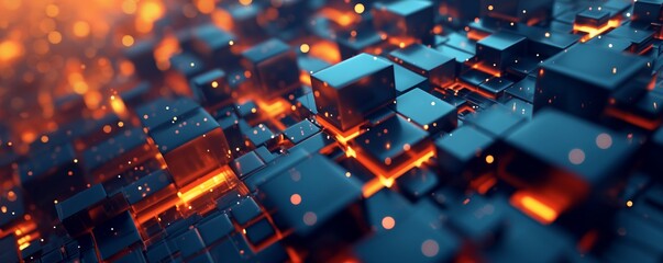 A 3D digital art piece featuring glowing blue cubes with orange highlights, creating a futuristic and technological atmosphere, suitable for tech events or modern design themes.