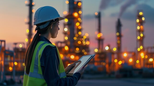 Female industrial worker in a safety helmet and high-visibility vest using a tablet at a twilight-lit refinery, symbolizing industry, technology, and labor. - Powered by Adobe