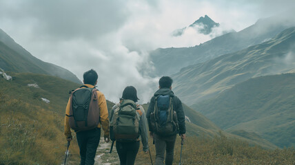 Three hikers with backpacks walking on a trail in a misty mountain landscape could be used for outdoor, nature, or wellness-themed projects. - obrazy, fototapety, plakaty