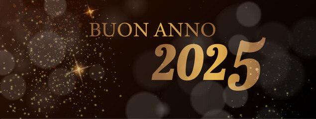 biglietto o striscione per augurare un felice anno nuovo 2025 in oro su sfondo nero con cerchi di stelle e glitter color oro con effetto bokeh