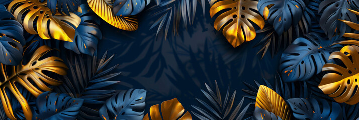 Gold and black leaves  tropical monstera and palm  on dark background. Horizontal botanical tropical minimal surrealistic banner - obrazy, fototapety, plakaty