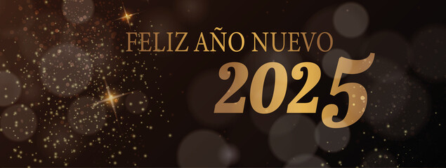 tarjeta o pancarta para desear un feliz año nuevo 2025 en oro sobre fondo negro con círculos de estrellas y brillo dorado en efecto bokeh - obrazy, fototapety, plakaty