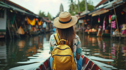 female tourist backpacker sitting on a boat at floating market in Thailand. Wanderlust concept.