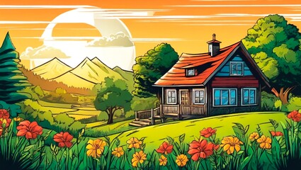  Illustration of natural landscape, with cloudy sky, countryside houses and trees