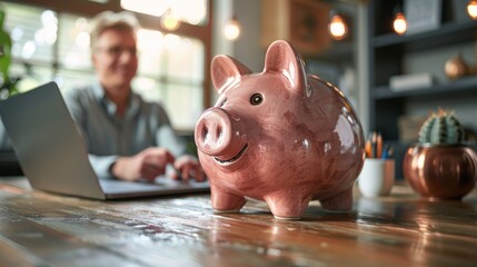Soft focus of a piggy bank on a desk with blurred elderly man working on a laptop while filling out an Internet pension application, doing personal financial management or paying bills online.