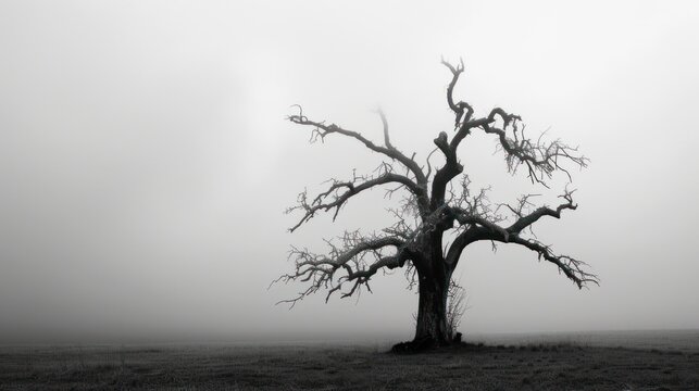 a black and white photo of a bare tree in the middle of a field on a foggy, overcast day.