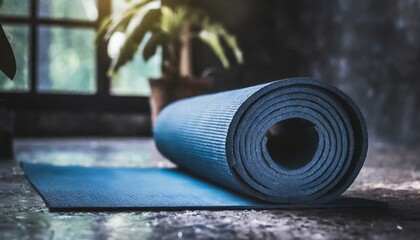 Rolled yoga mat laid on the floor. Sport, yoga, pilates, fitness, useful beneficial habits, active lifestyle, exercises at home concept - obrazy, fototapety, plakaty