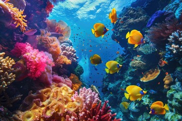 Fototapeta na wymiar Diving in Colorful Reef Underwater: A Magnificent Display of Coral, Fish, and Tropical Colors in the Marine World