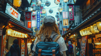 Fototapeta premium female tourist backpacker at shopping street in Osaka, Japan. Wanderlust concept.