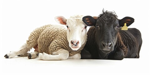 Domestic Farm Animals: Cow and Sheep on White Background - Mammals of Agriculture
