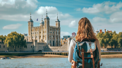 Obraz premium female tourist backpacker looking at tower of London, England. Wanderlust concept.