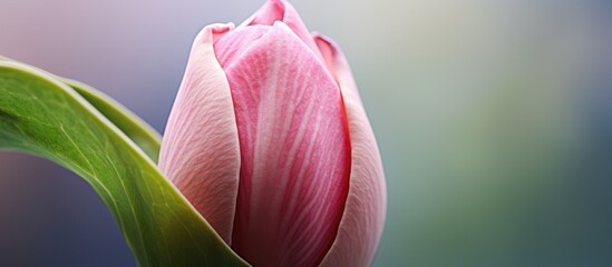 A closeup of a pink tulip bud with a green leaf, showcasing the beauty of this herbaceous plant. The vibrant pink petals are reminiscent of a water lily or lotus flower
