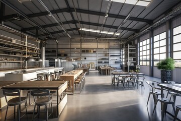 Fototapeta na wymiar Modern high rack warehouse, dining room and kitchen in a large industrial space