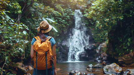 female tourist backpacker looking at waterfall in the forest. Wanderlust concept.
