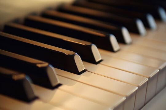 Dramatic Piano Key Close-Up. Musical Instrument with Keys and Notes in Sharp and Flat Chords