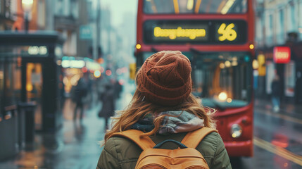 female tourist backpacker looking at 2 storey or double-decker red bus in  London, England....