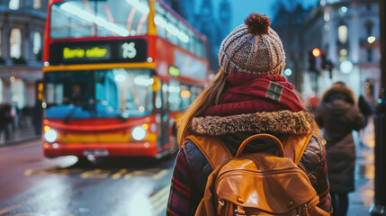 female tourist backpacker looking at 2 storey or double-decker red bus in  London, England. Wanderlust concept.