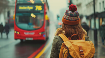 female tourist backpacker looking at 2 storey or double-decker red bus in  London, England. Wanderlust concept.
