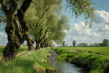 Dutch Landscape with Pollard Willows and Ditches in Row - Nature Photographer's Delight