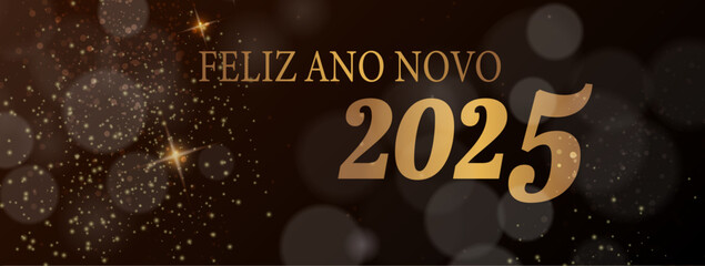 cartão ou banner para desejar um feliz ano novo 2025 em ouro sobre fundo preto com círculos de estrelas e glitter dourado em efeito bokeh - obrazy, fototapety, plakaty